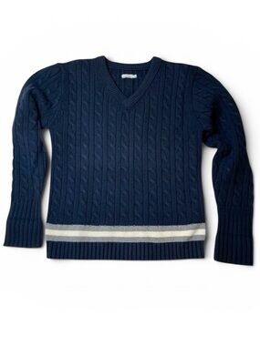 Steven Alan 100% Wool Navy Cable Knit V-Neck Sweater Size Large